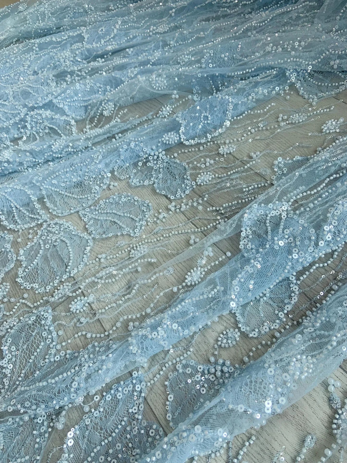 Light Blue Sequined Tulle Fabric Heavy Bead Lace Fabric For Wedding Dress For Couture, Fairytale Dress Fabric