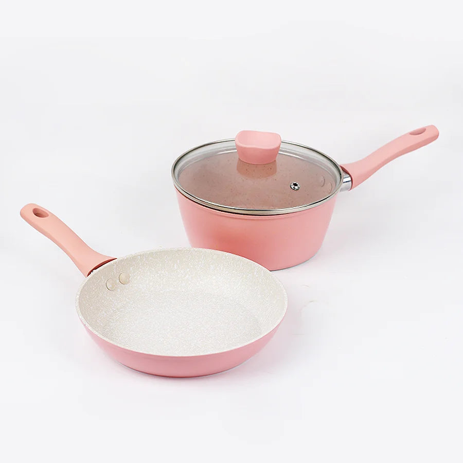 Home Kitchen Cookware Sets,Pots And Pans Set Nonstick,Cute Egg Steak Pan,Stockpot With Lid For All Stove Tops,3-Piece, Pink