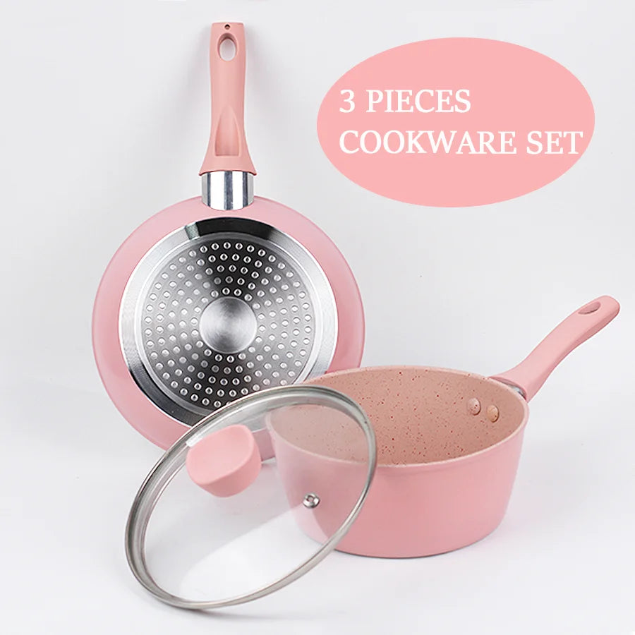 Home Kitchen Cookware Sets,Pots And Pans Set Nonstick,Cute Egg Steak Pan,Stockpot With Lid For All Stove Tops,3-Piece, Pink