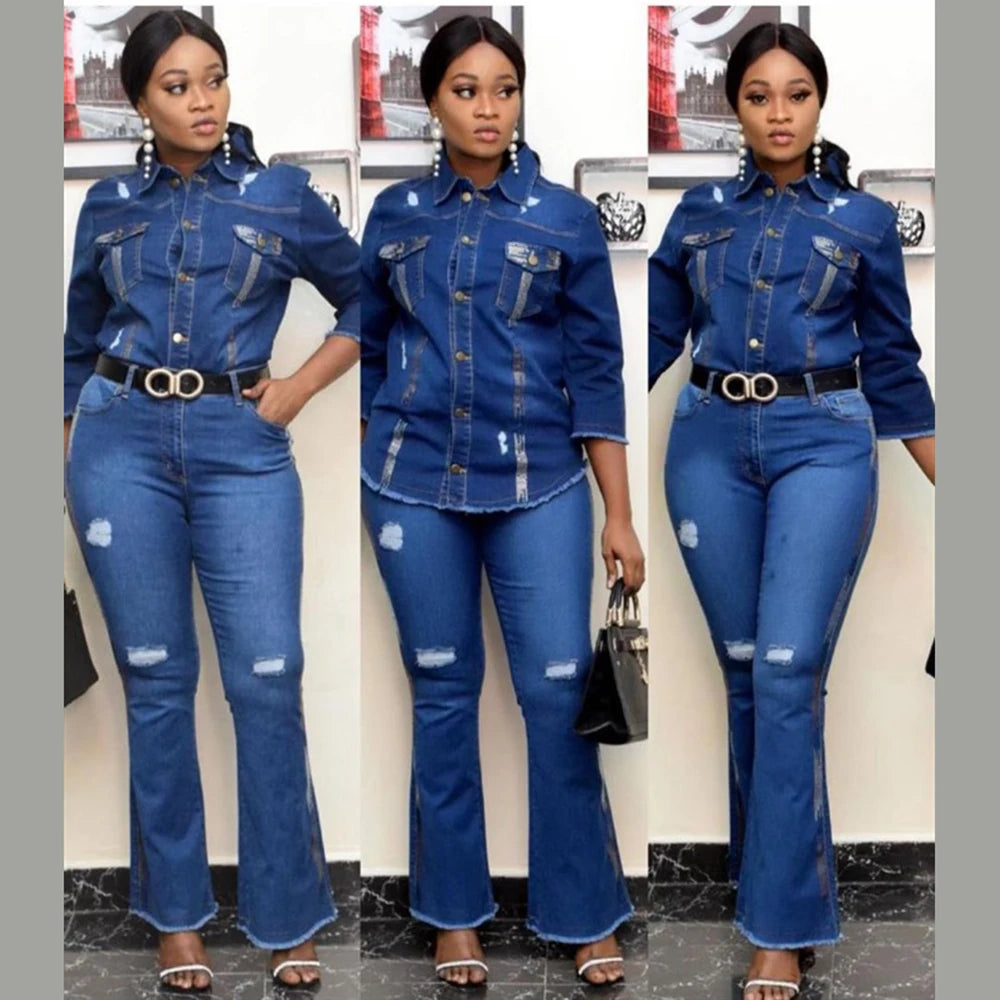 Women stretch fabric Flared With Print Ripped Jeans