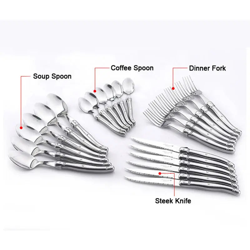 24pcs Laguiole Silverware Stainless Steel Tableware set 6 Dinner Knife 6 Steak Fork 6 Table Spoon 6 Teaspoon Dishwasher Safe