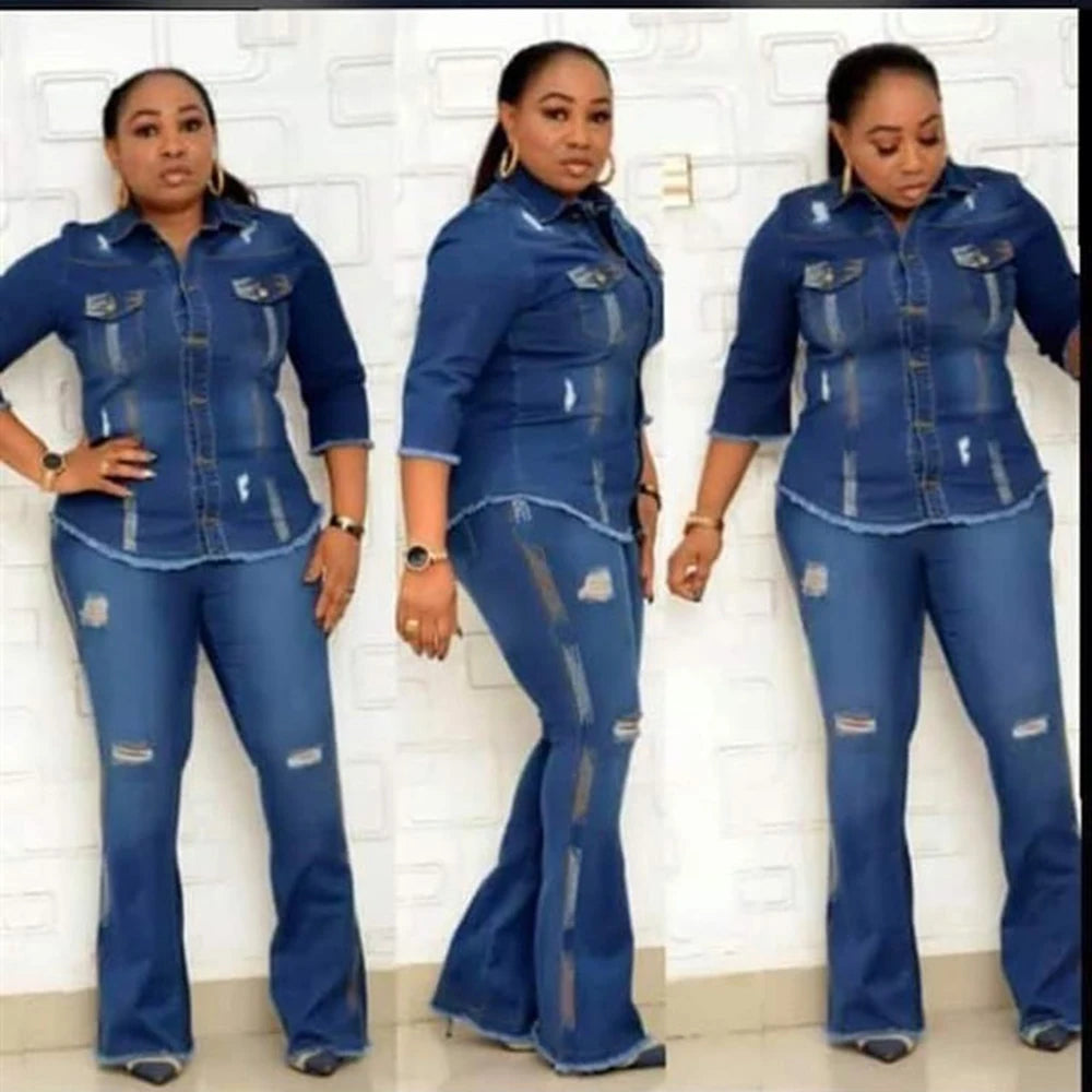 Women stretch fabric Flared With Print Ripped Jeans