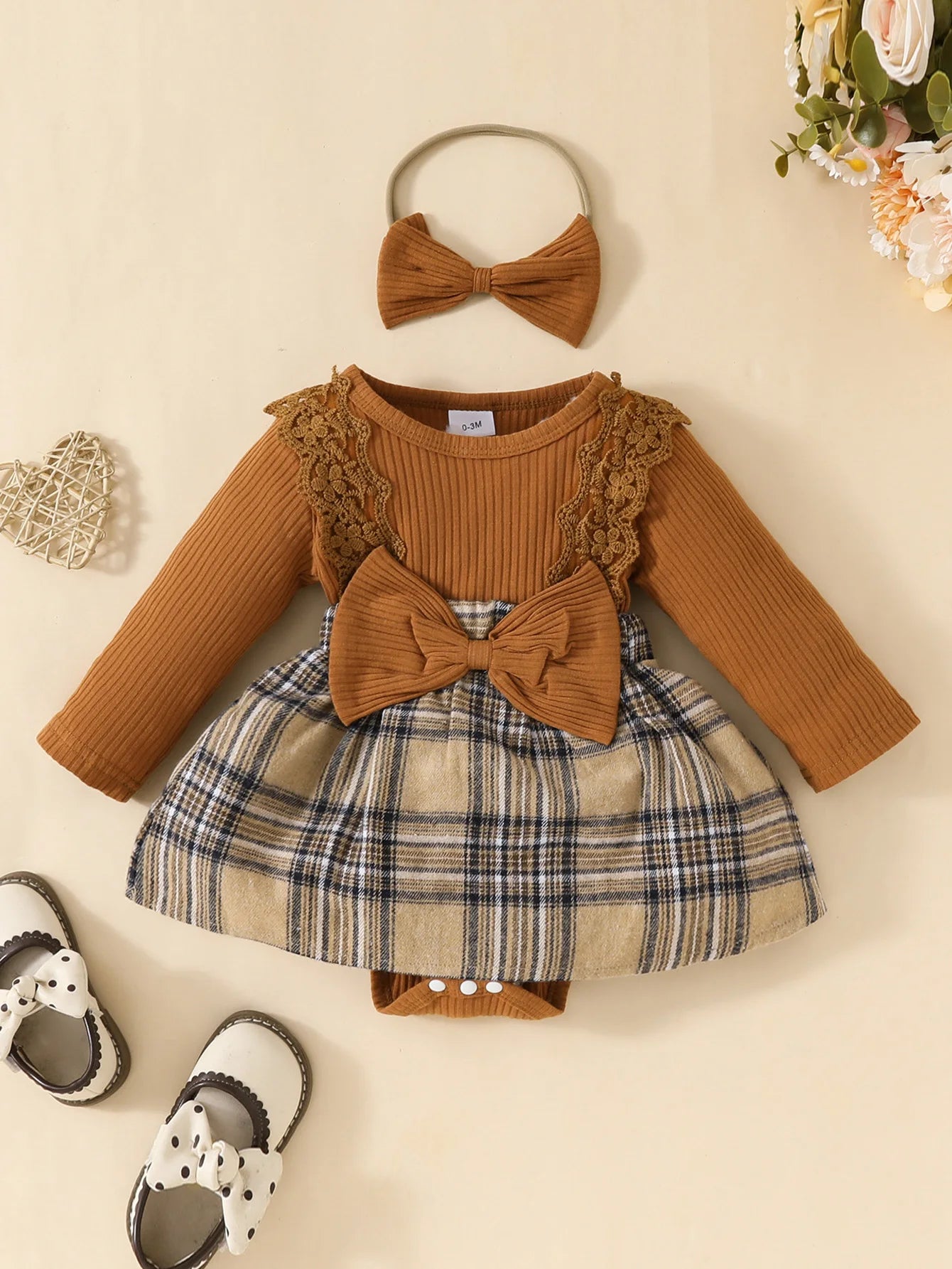 Baby Plaid With Bow Honey Jumpsuit+Headband