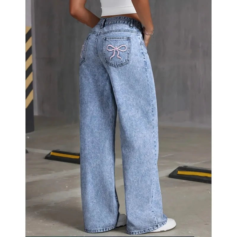Denim Bow Embroidered Pocket Trouser Jeans