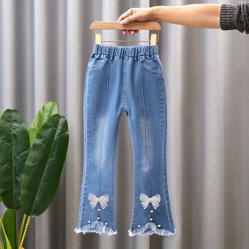Elastic Leisure Bow Denim Children Flared Pants