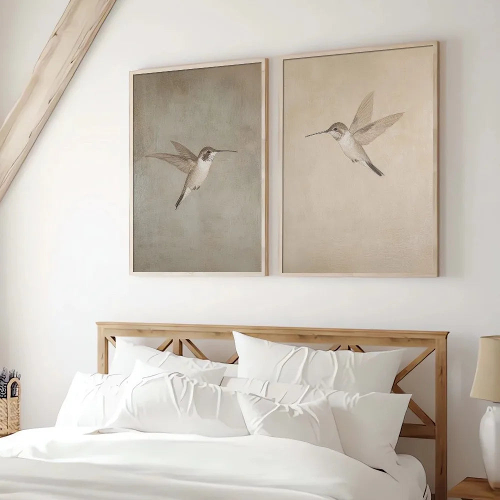 2 Pcs Frameless Retro Hummingbird Wall Art Canvas Posters Simple Retro Bird Farmhouse Decor Country Painting Apartment Decor
