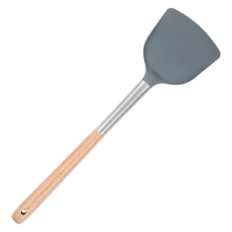 Silicone kitchen utensils, silicone spatula, wooden handle, silicone spatula, silicone soup spoon, leak spatula, non-stick pan