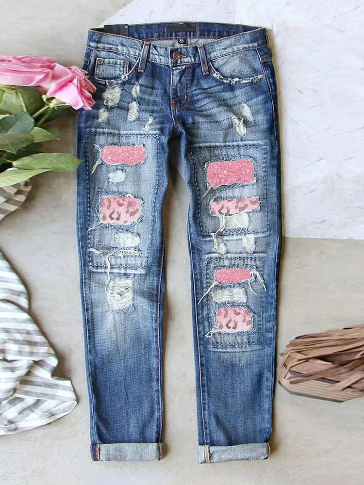 Women Cargo Fashion Ripped Plaid Patch Denim Pant