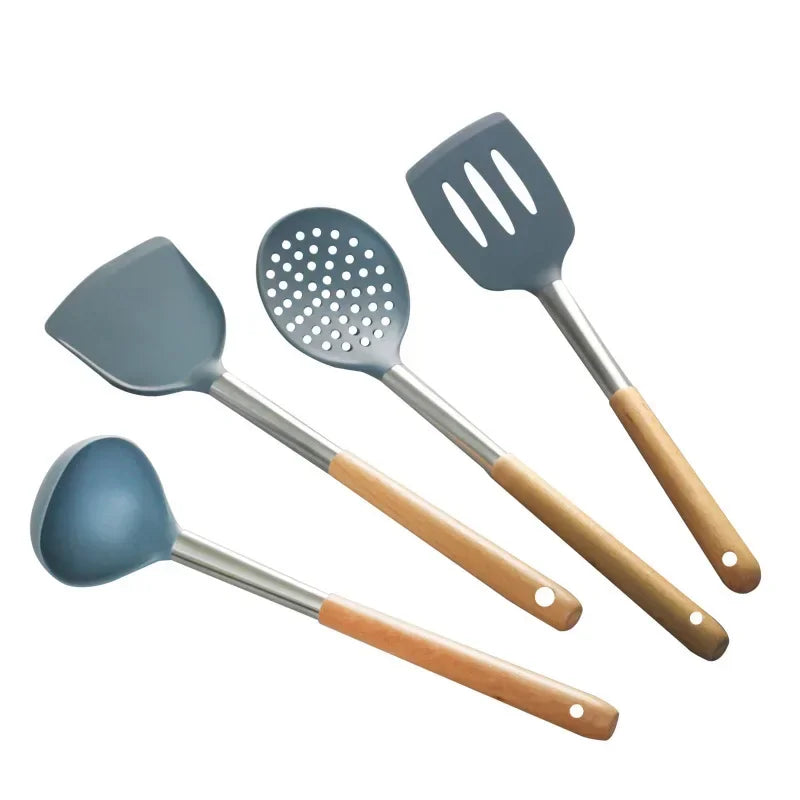 Silicone kitchen utensils, silicone spatula, wooden handle, silicone spatula, silicone soup spoon, leak spatula, non-stick pan