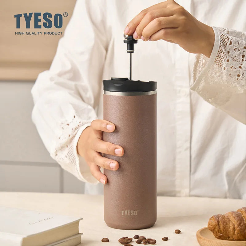 Tyeso French Press Travel Mug 304 Stainless Steel Portable Cold Brew Coffee Maker Tea Infuser Double-Wall Insulated Thermos