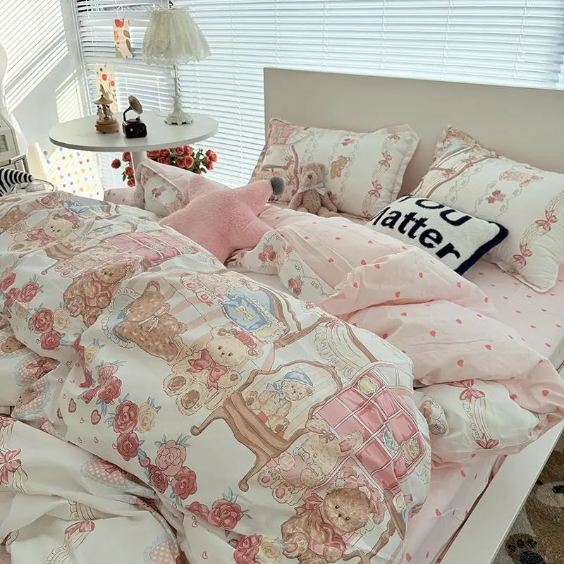 Bear Floral Bed Sheet Duvet Cover Pillowcases