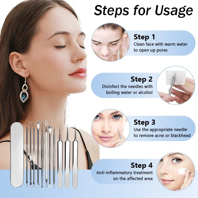 Stainless Steel Blackhead Removal Kit, Blemish and Acne Bottle Tool for All Skin Types, 8-Pack