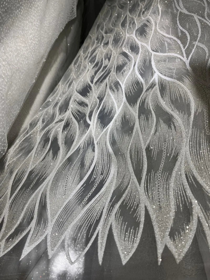 Luxury Glitter Mesh Lace Fabric Silver Sparkly Wave Embroidery Tulle for Gown Evening Dress DIY Sewing Material