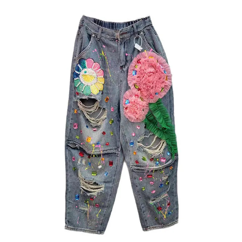 Female Nail Bead Women 3D Flower Denim Pants