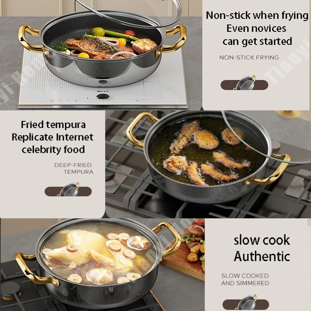 30cm Stainless Steel Frying Pan Non-stick Soup Pot wok with lid Home Honeycomb Induction Cooker Gas Stove Stew Kitchen Cookware