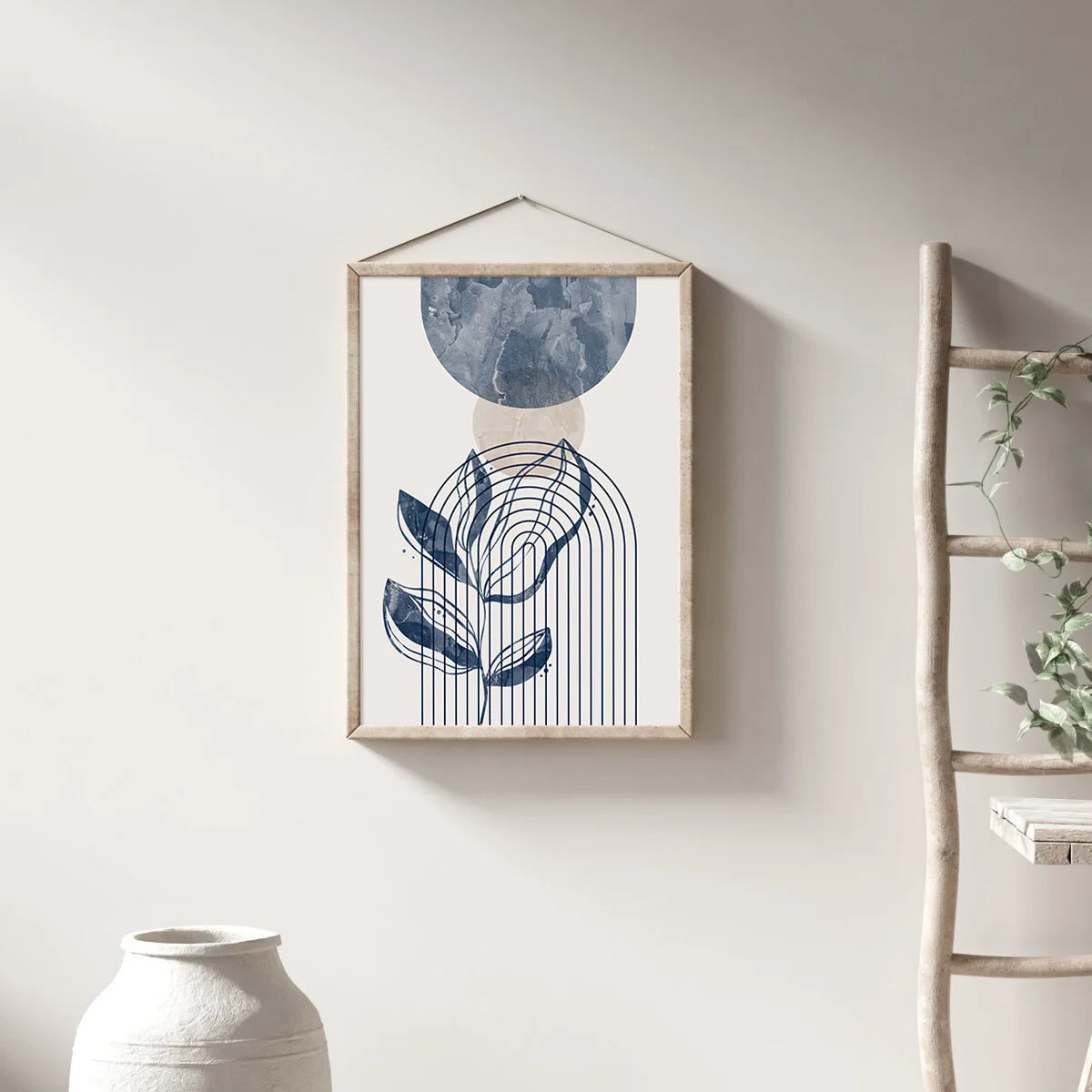 Set of 3 Bohemian Navy Blue Beige Abstract Geometric Lines Plant Wall Art Prints, Bohemian Plant Geometric Print Posters, Medieval Prints, Ideal Gifts for Bedroom and Living Room Corridors, Wall Art, Wall Decoration, Room Dec