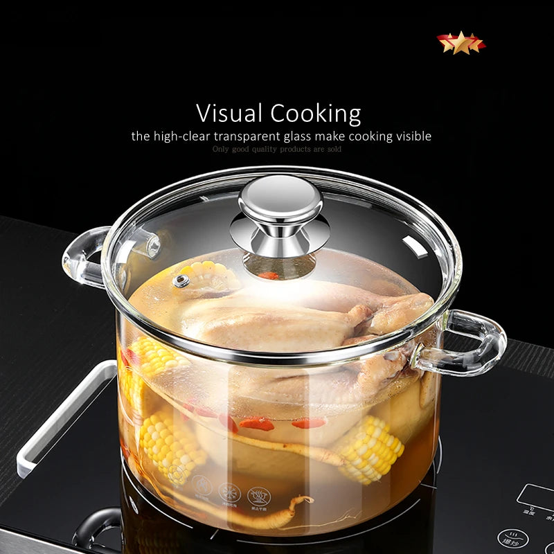 GEDO Transparent Glass Stewing Pot 1300ml and 1800ml Capacity Stockpot with Side Handle and Cover Luxury Kitchen Cookware