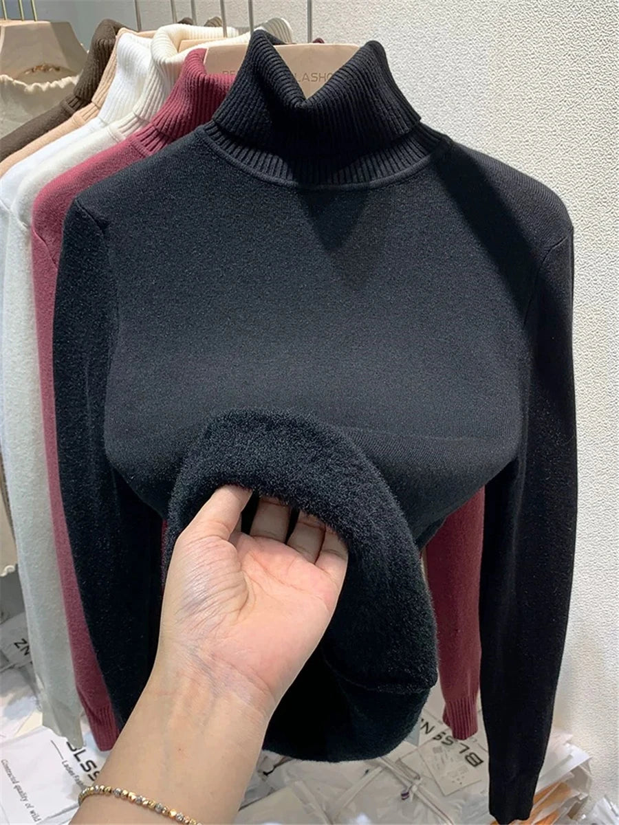 Women Elegant Thicken Velvet Lined Warm Knitted Top
