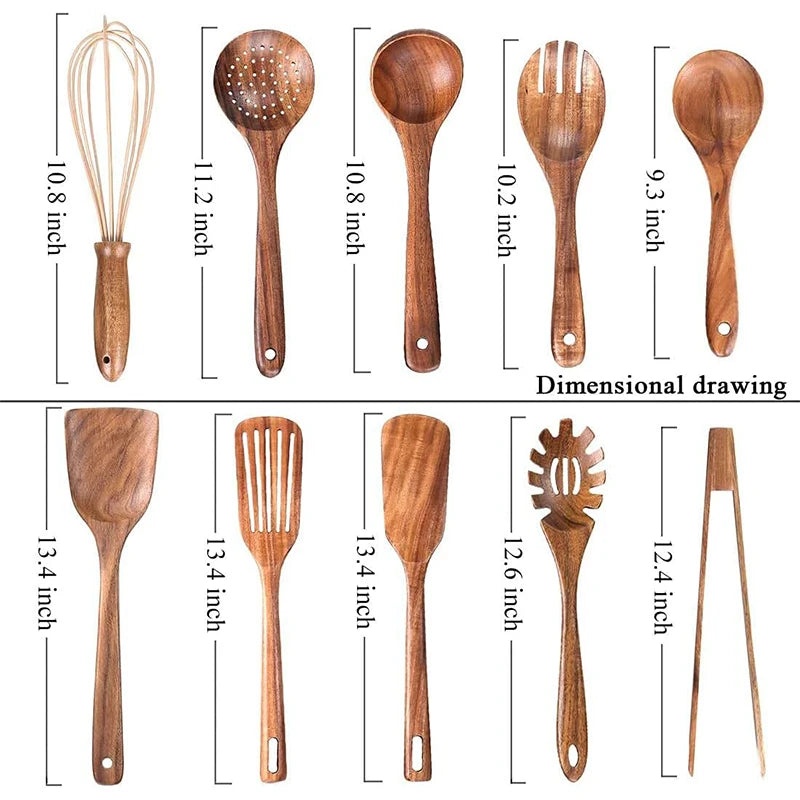 LMETJMA 10 Pack Natural Teak Wooden Kitchen Utensil Set Wooden Spoons Spatula Cooking Utensil Set For Cooking Baking JT503