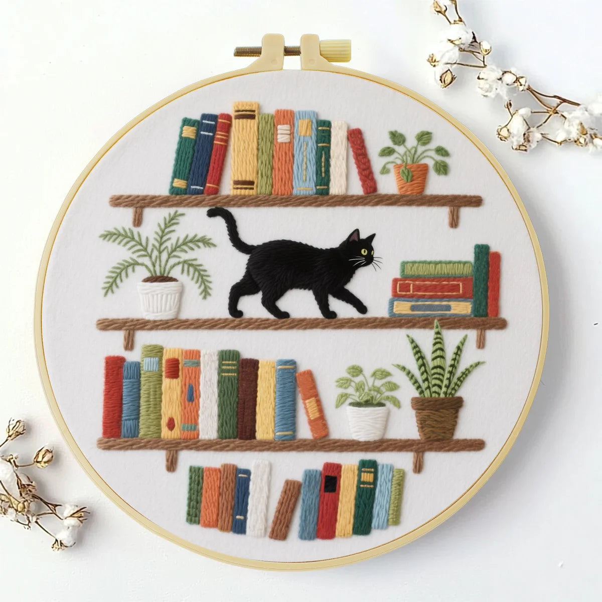 1pc 20X20CM/7.87inch The cat on the bookshelf Embroidery Starter Kit DIY kit Home Decor Needle Art Sewing Art