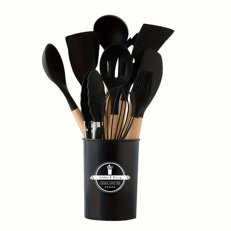 12Pcs Silicone Cooking Utensils Set For Handle Non Stick Pot Kitchenware Set Storage Bucket Resistant Accessoires kitchenware