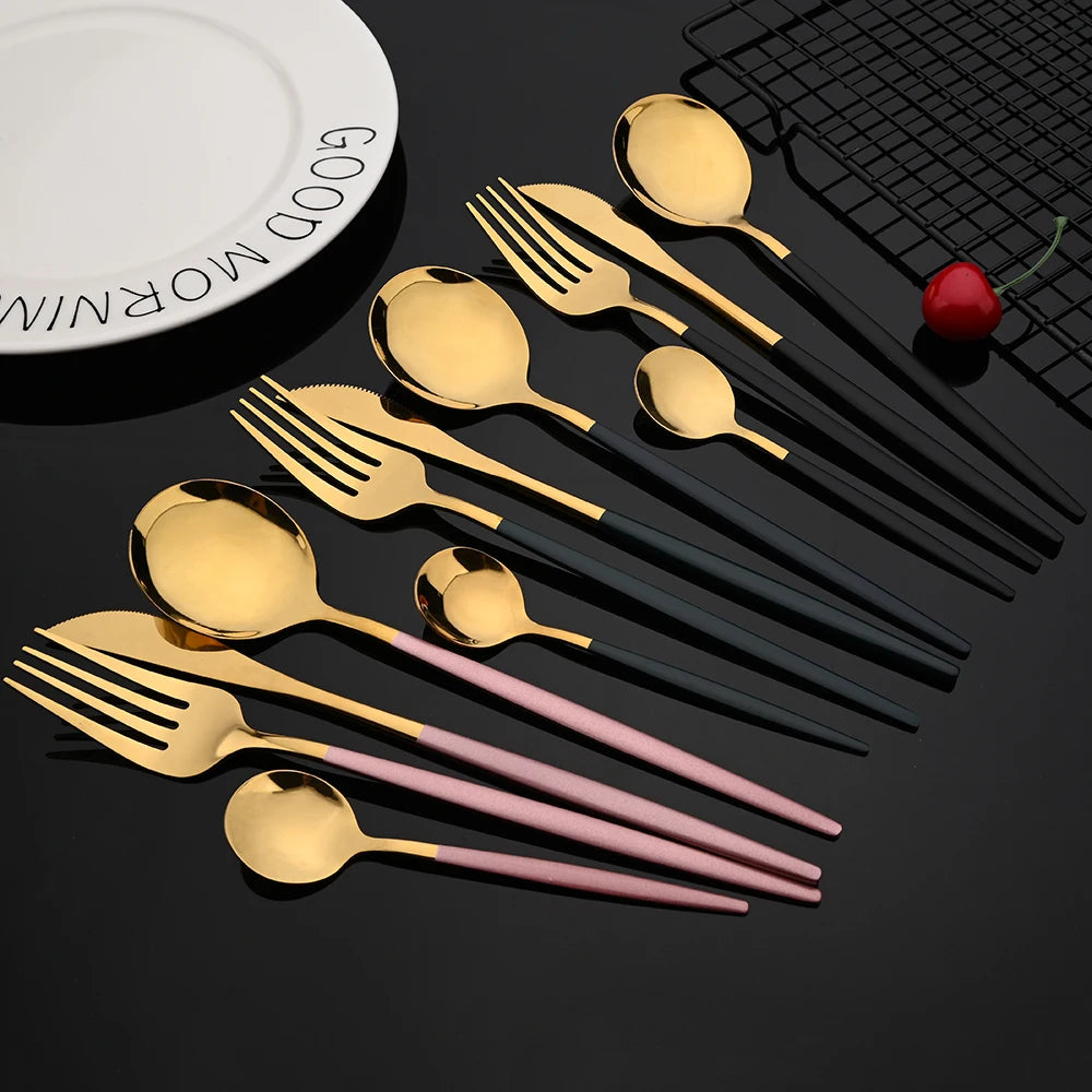30Pcs/Set Stainless Steel Dinner Black Gold Dinnerware Set Knife Fruit Fork Spoon Cutlery Set Kitchen Tableware Silverware Sets