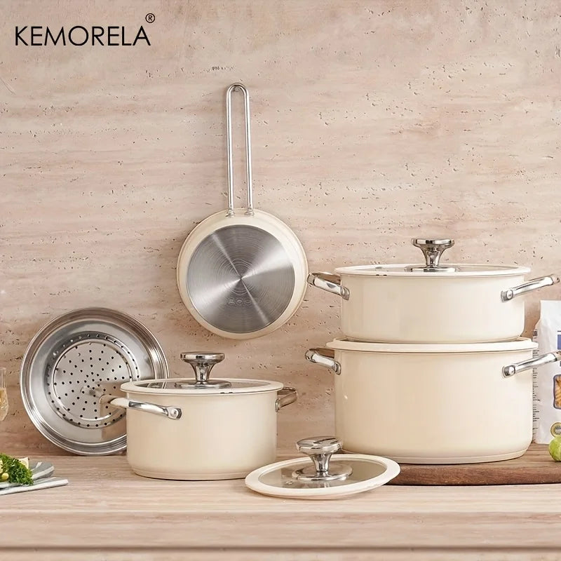 4PCS Stainless Steel Cookware Set with Glass Lid 15.5/17.7/21.5/23.8cm for Dining Room Cooking Soup Hot Pot Gas Stoves