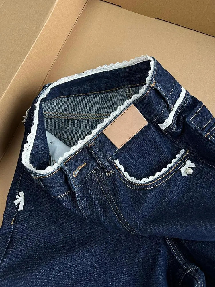 Lace Patchwork Jeans With Bow Design Pants For Women