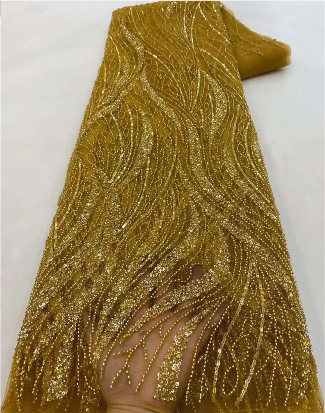 Gold African Tulle Lace Fabric 2025 French Net Sequins Fabric Sewing Embroidery With Beads Lace Tulle Mesh Nigeria Dress 5 Yards