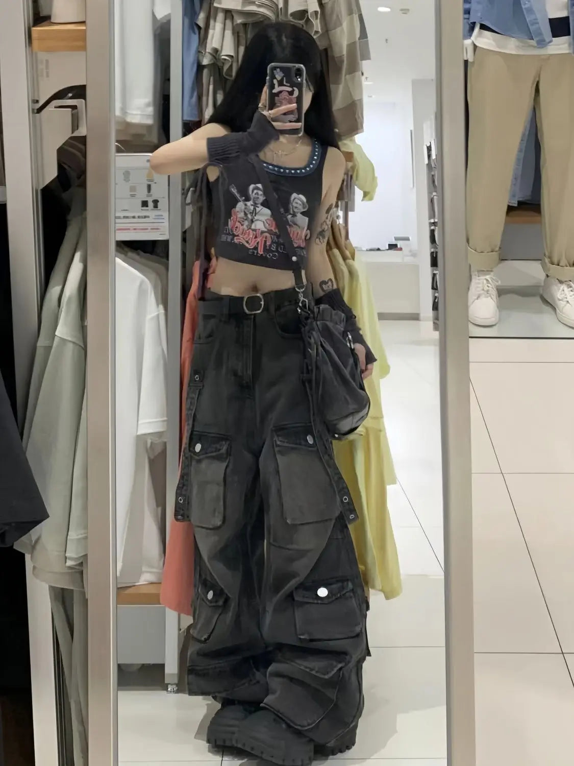 Work wear straight leg multi pocket mop pants for women