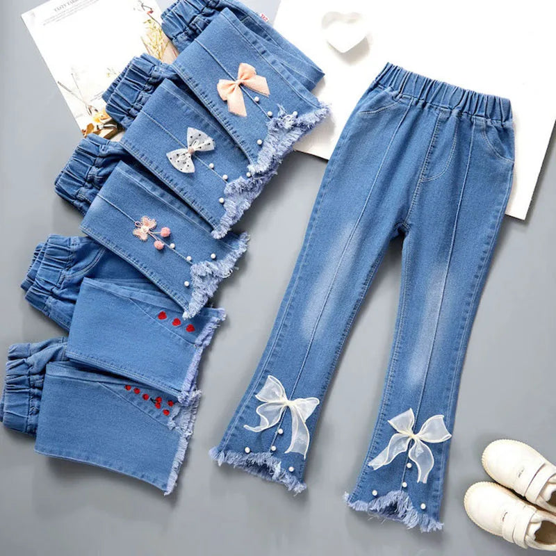 Elastic Leisure Bow Denim Children Flared Pants