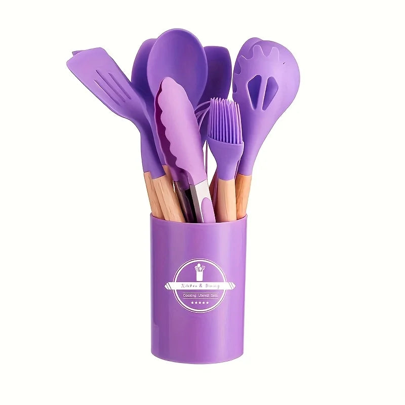 12Pcs Silicone Cooking Utensils Set For Handle Non Stick Pot Kitchenware Set Storage Bucket Resistant Accessoires kitchenware