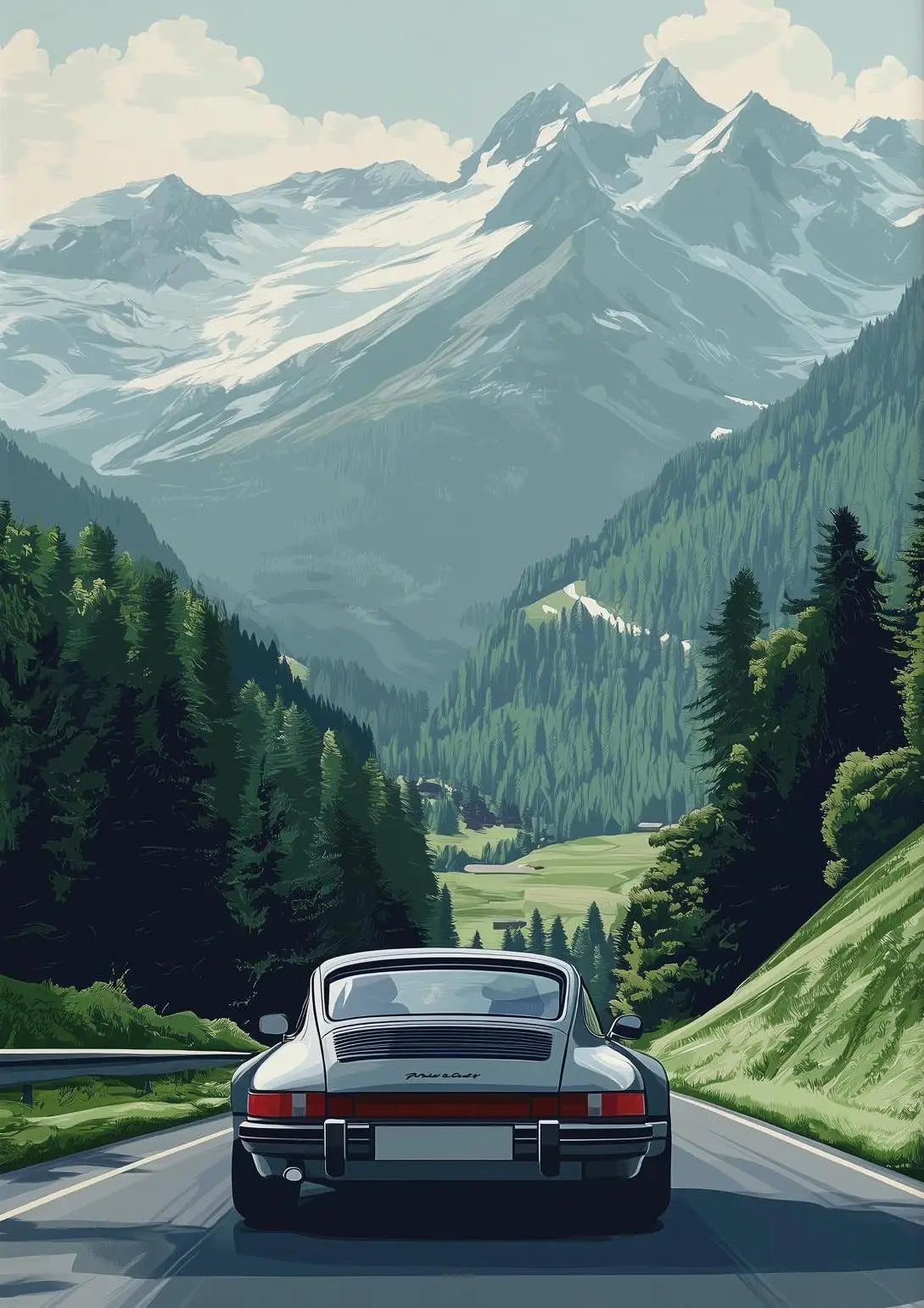 Classic Porsche 911 Alpine Drive Poster Retro Alpine Trip Cartoon Prints Canvas Painting Wall Art Picture Home Living Room Decor