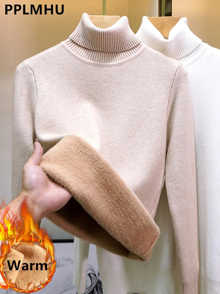 Women Elegant Thicken Velvet Lined Warm Knitted Top
