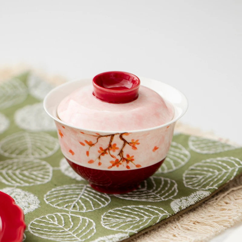 Red plum blossom hand-painted cover bowl Household brewing tea bowl Kung Fu tea set Guochao ceramic thin tire cover bowl