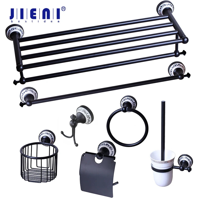 JIENI Wall Mounted Matte Black Washroom Bathroom Accessories Towel Ring Rack Paper Holder Toilet Brush Holder Frosted Glass Cup
