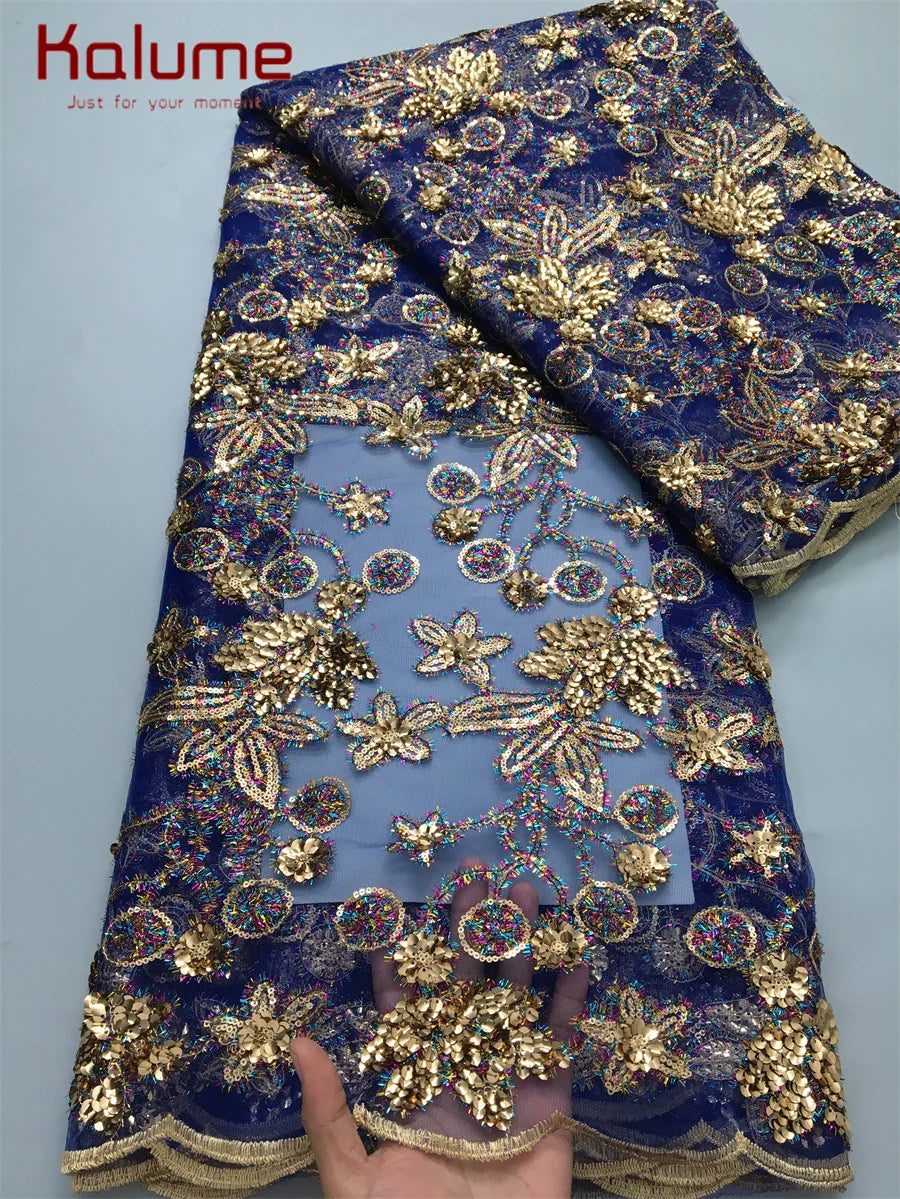 Kalume 2025 African Lace Fabric Sequins Nigerian Mesh Lace Fabric Sequins 5 Yards High Quality For Party Wedding Dress F3811