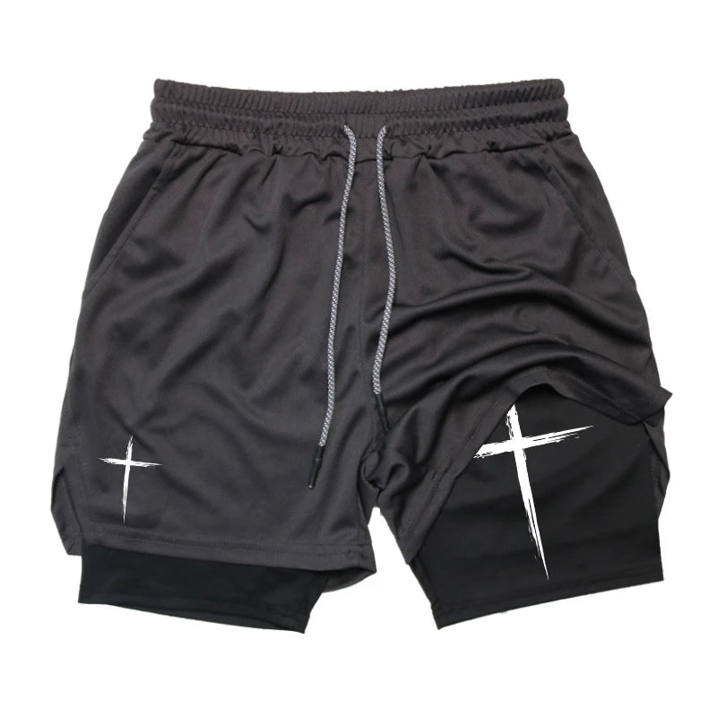 Men's Cross Print 2 in 1 Performance Shorts with Phone Pocket