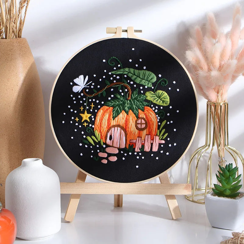 Mushroom Embroidery Kit for Beginners Pumpkin Cross Stitch Set DIY Adult Hand Needlepoint Set with Mushroom Pattern Needles