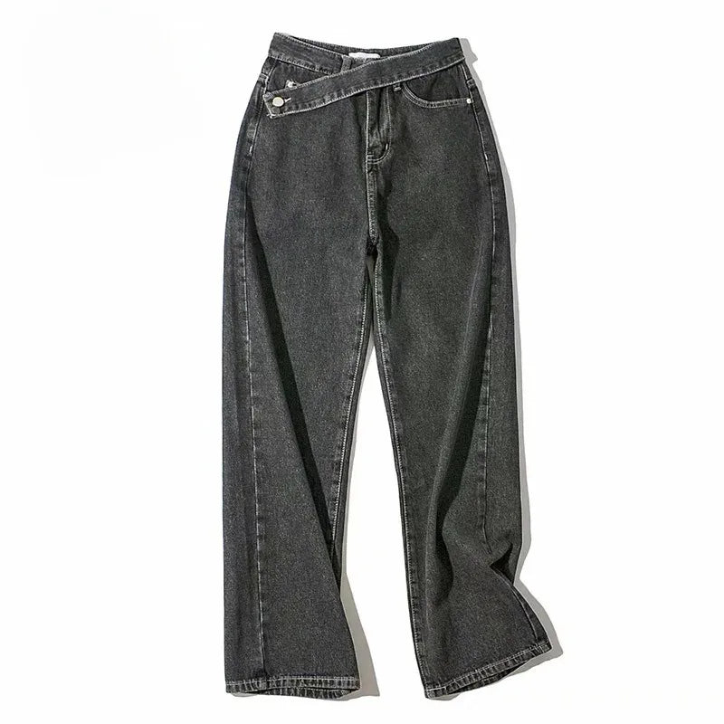 Women's Straight Floor Oblique Belt Denim Pants
