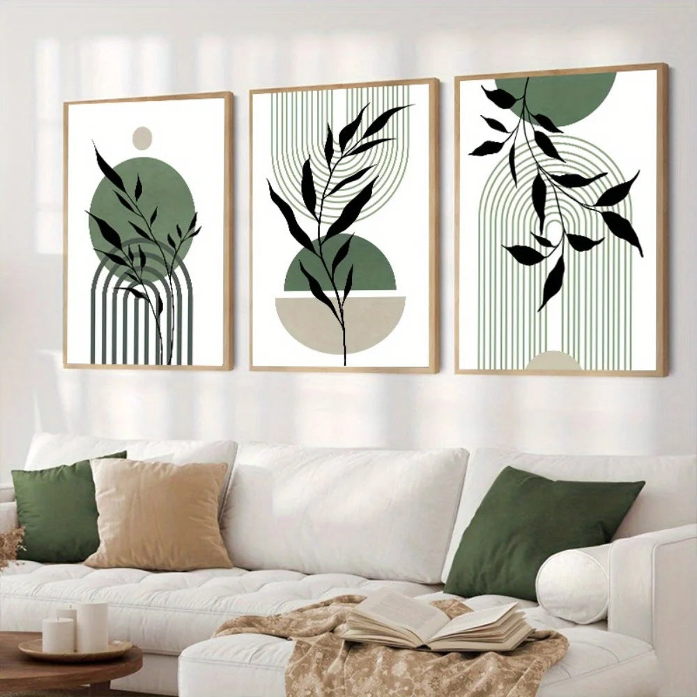 3pcs Sage Green Boho Wall Art Green Black Beige Abstract Mid-Century Poster Modern Botanical Living Room Bedroom Wall Decoration