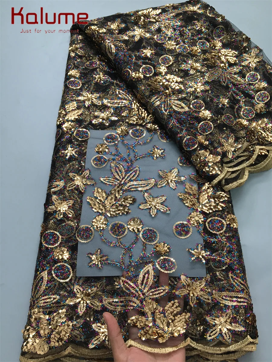 Kalume 2025 African Lace Fabric Sequins Nigerian Mesh Lace Fabric Sequins 5 Yards High Quality For Party Wedding Dress F3811