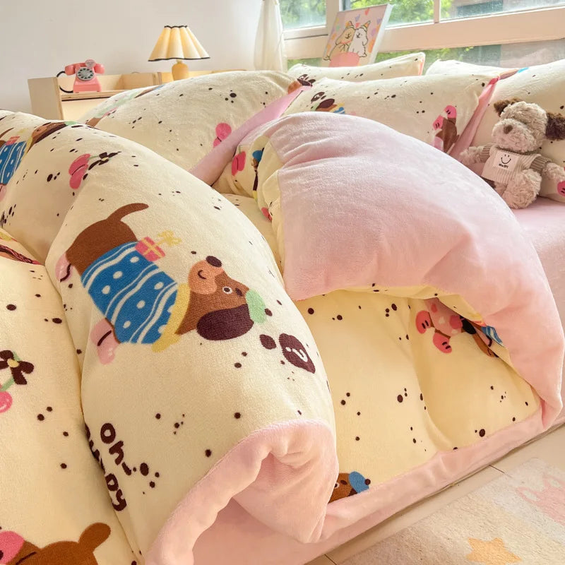 Cute Printed Velvet Duvet Cover Set