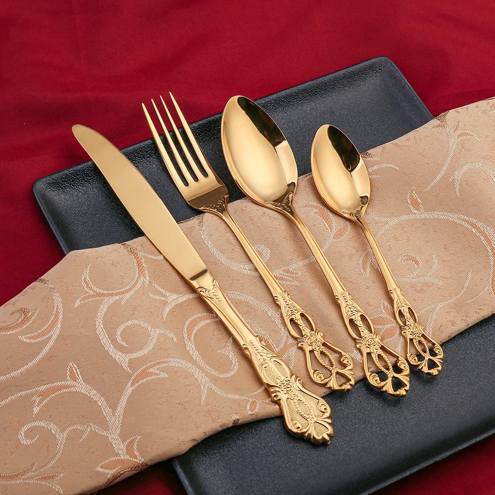 Luxury Gold Stainless Steel Cutlery Set Steak Knife Fork Spoon Tableware Dinnerware Set for Home Restaurant Wedding