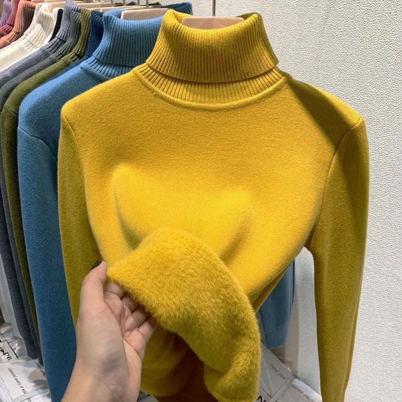 Women Elegant Thicken Velvet Lined Warm Knitted Top