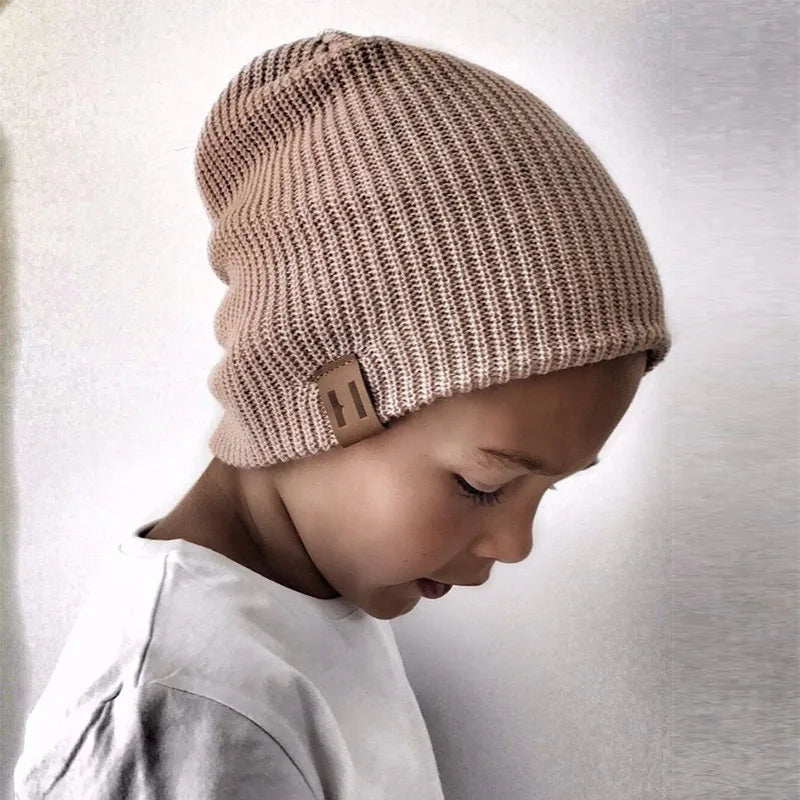 Baby Knit Hat Warm Beanie with Leather Label