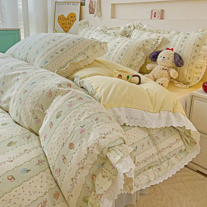 Pastoral Floral Lace Ruffles Bedding Set