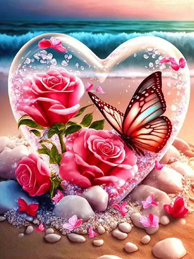 Butterfly Diamond Mosaic Rose Full Round Diamond Painting Seaside Heart Handicrafts 30x40cm