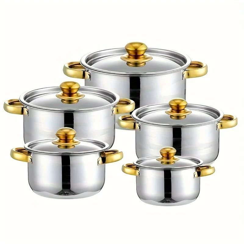 5Piece Golden Stainless Steel Cookware Set Multi-Purpose Compatible Stoves, Non-Stick, Scratch-Resistant, and Dishwasher Safe