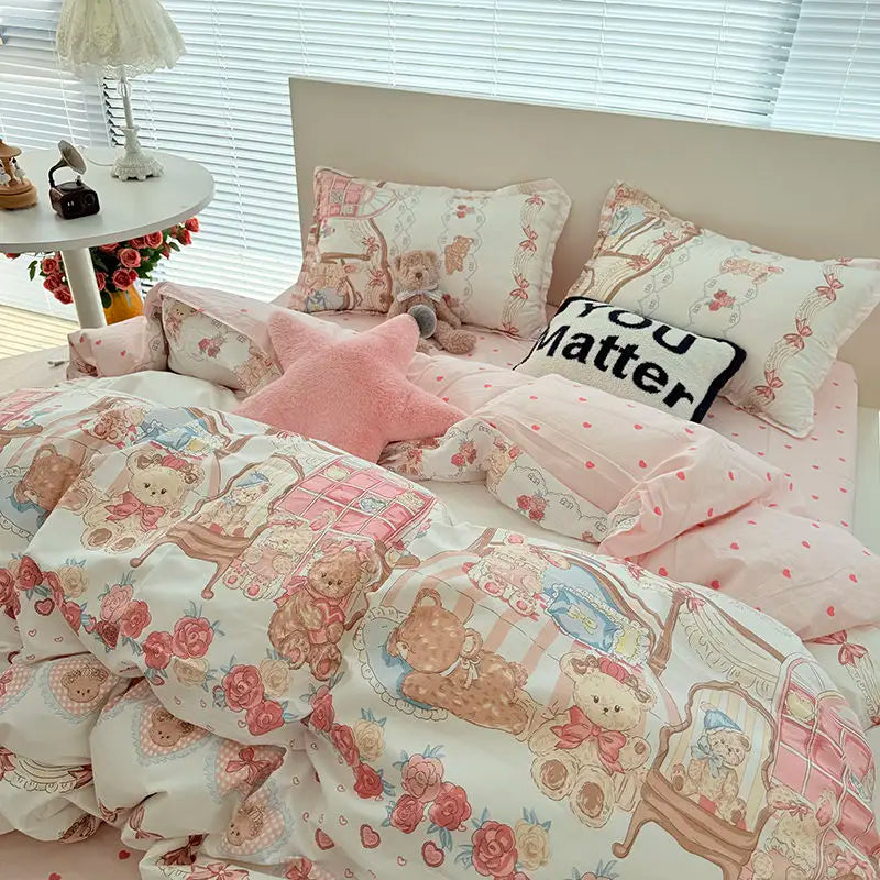 Bear Floral Bed Sheet Cover Pillowcases
